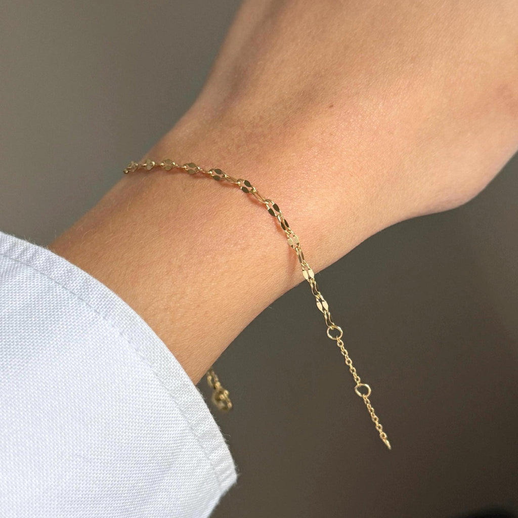 Adjustable 14K gold plated faceted chain bracelet showing three centimetre extender and clasp