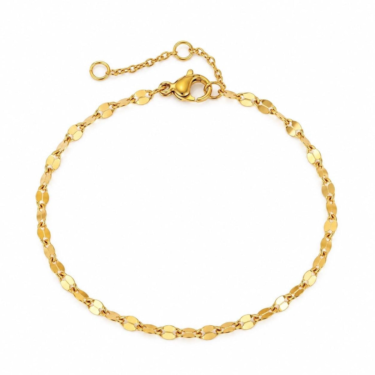 14K gold plated dainty faceted oval-link chain bracelet laid in a circle with adjustable extender and lobster clasp