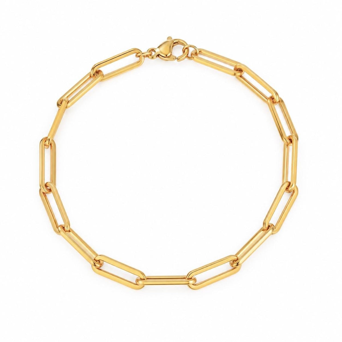Gold paperclip chain bracelet laid in a circle on white background showing lobster clasp