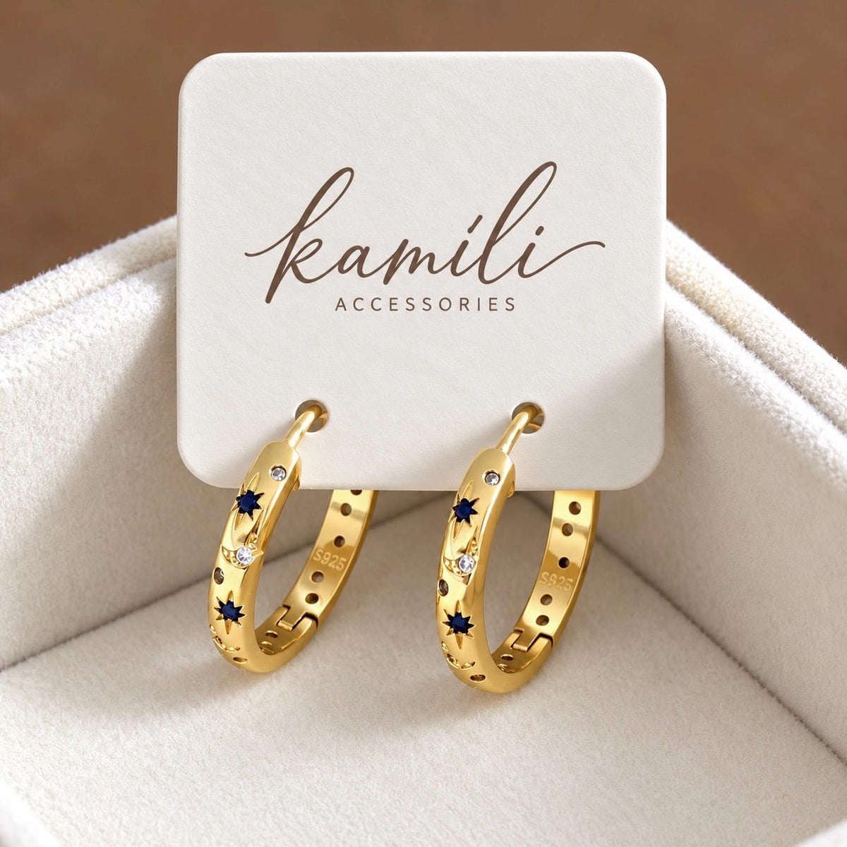 Gold-plated celestial CZ hoop earrings on Kamíli Accessories jewellery card