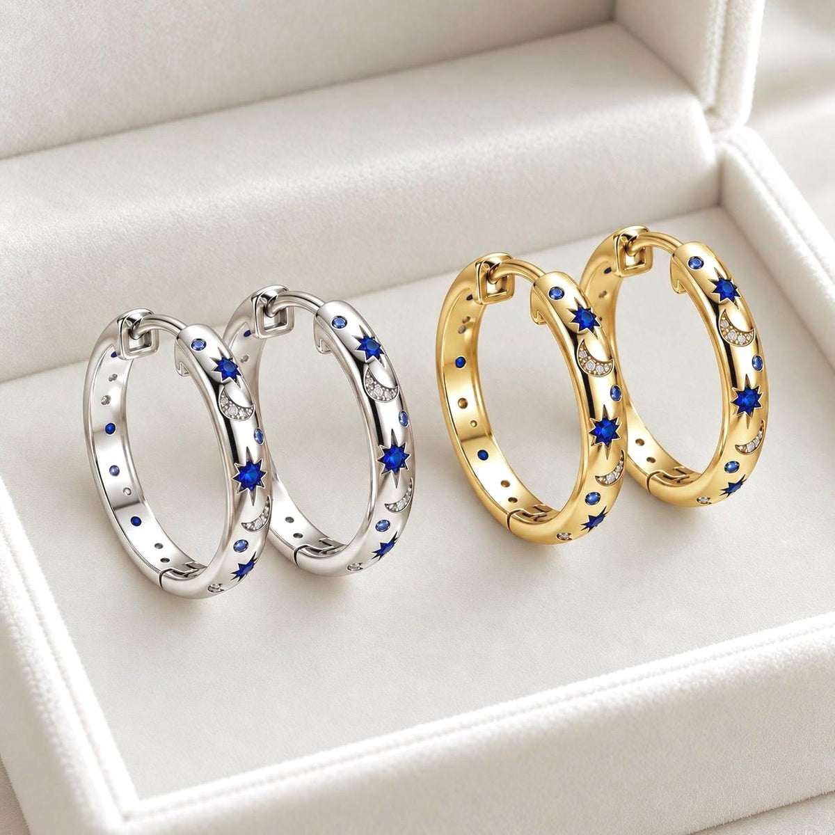 925 sterling silver celestial CZ hoop earrings in silver and gold-plated finishes together