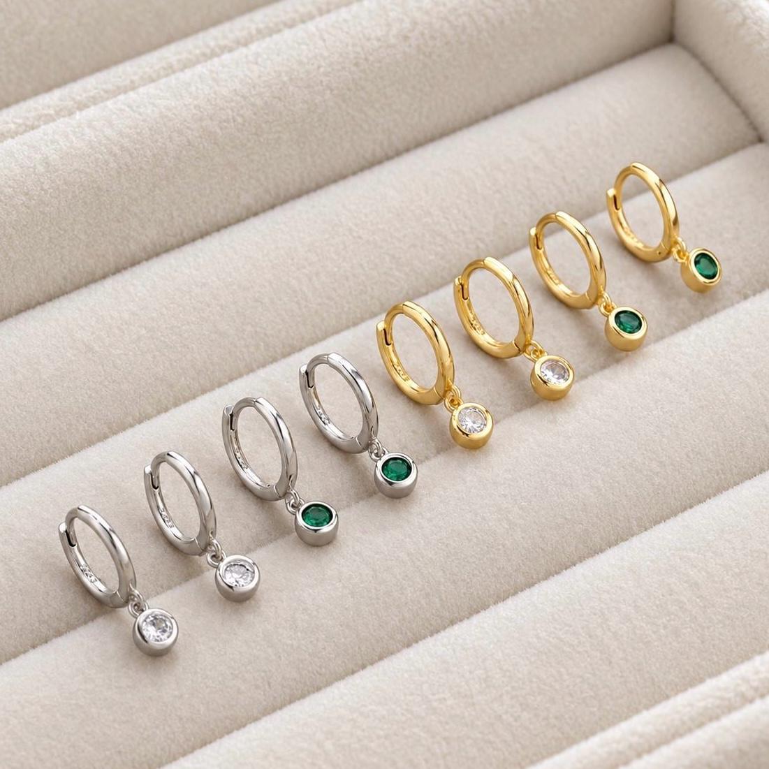 925 sterling silver round CZ drop huggie hoops in gold and silver with green or clear stones