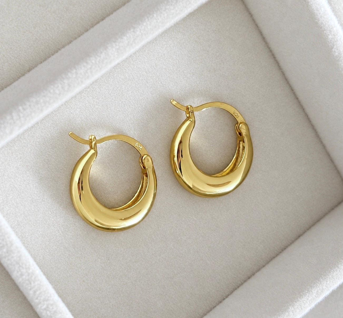 Gold-finish crescent hoop earrings on a jewellery tray