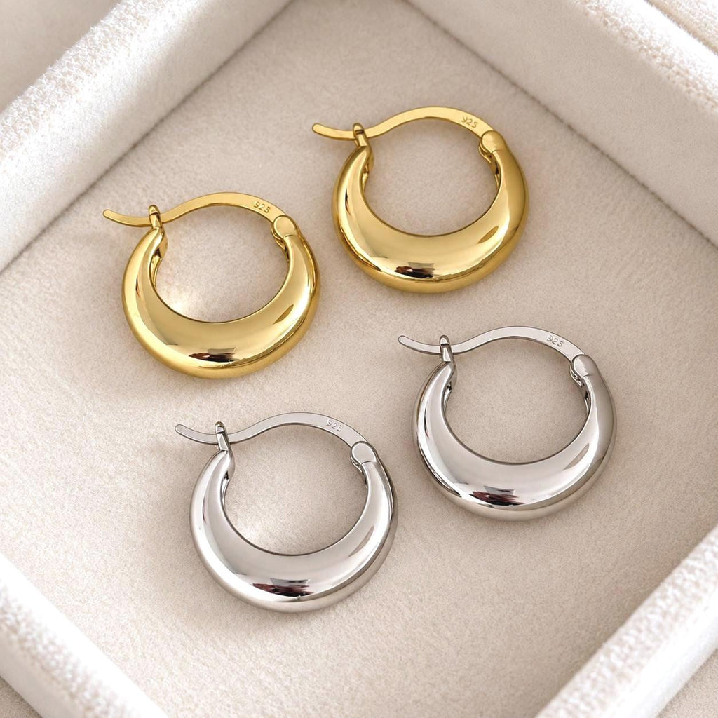 Chunky crescent 925 sterling silver hoop earrings in gold and silver finishes
