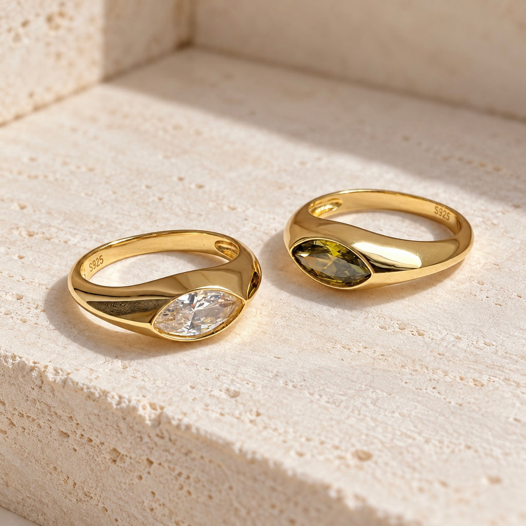 Gold-plated sterling silver marquise CZ rings with clear and green stone colours