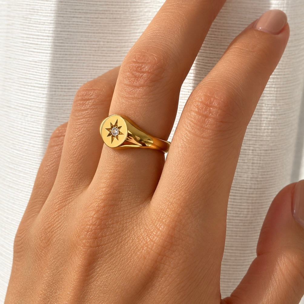 Gold tone celestial signet ring shown on model's finger