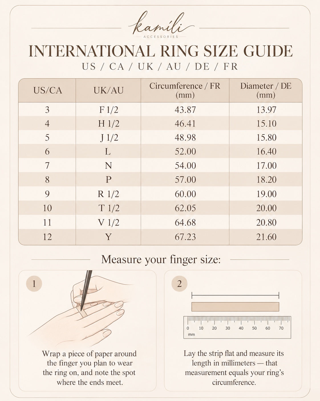 Kamili Accessories international US and UK ring size guide