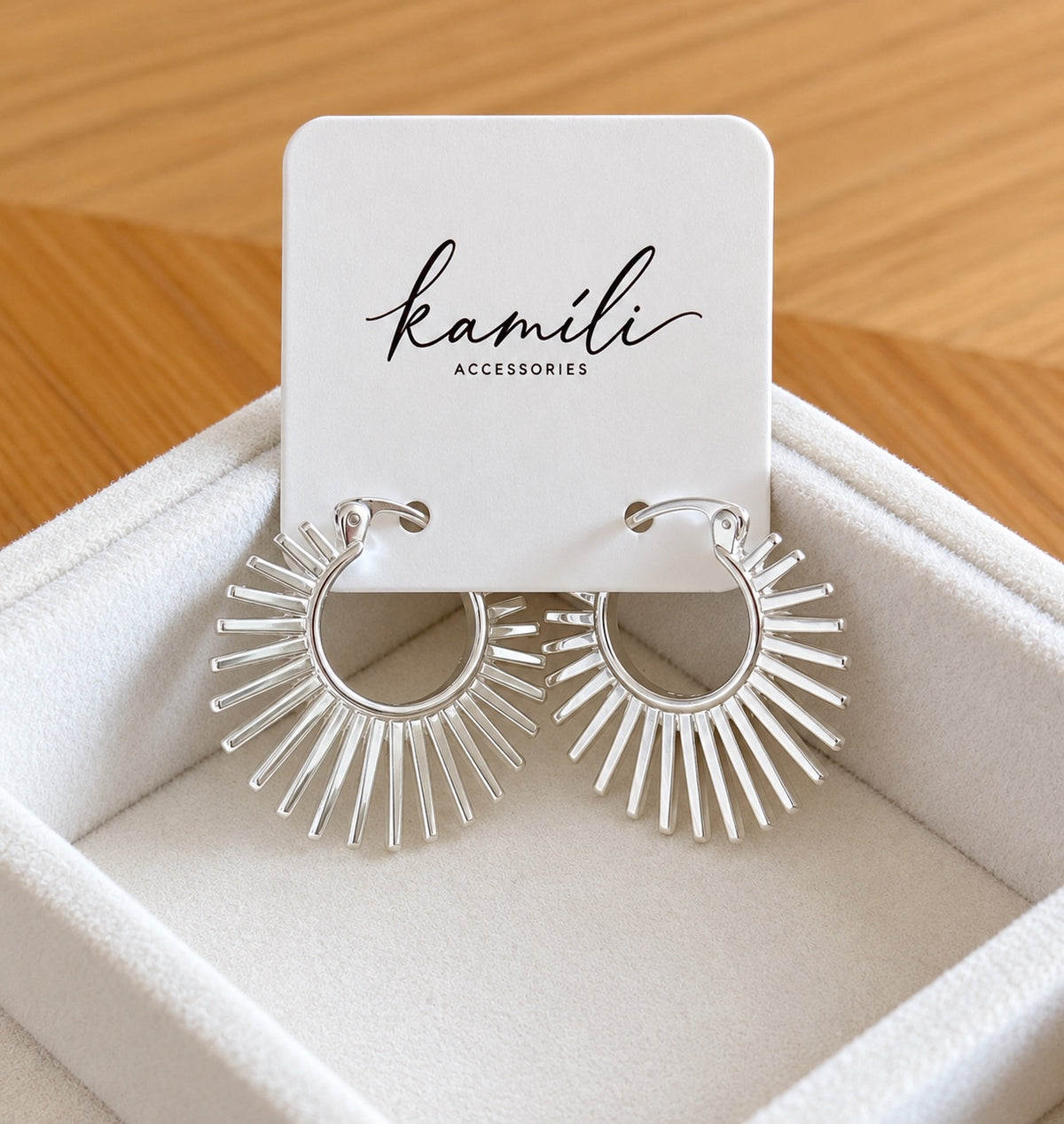 925 sterling silver sunburst hoops on Kamíli jewellery card